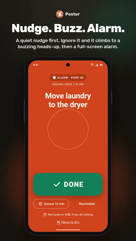 Storyboard: Nudge, Buzz, Alarm. The full-screen alarm stage with a big Done button